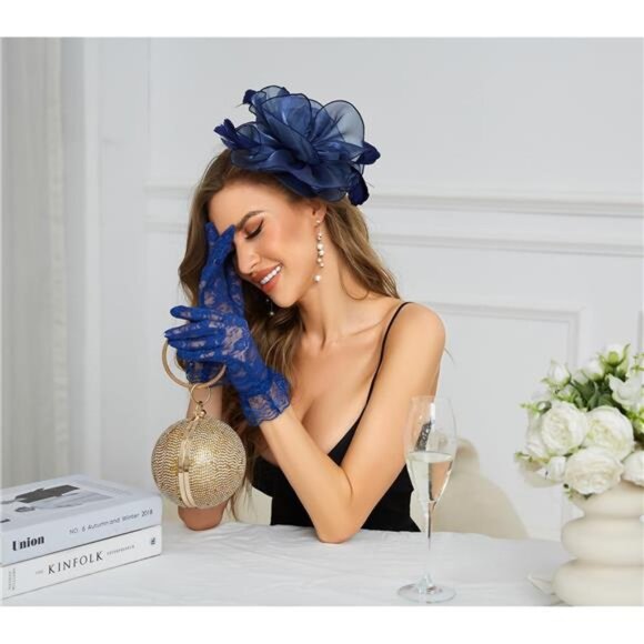 Fascinator Hat Veil Feather Navy Blue - Picture 6 of 6